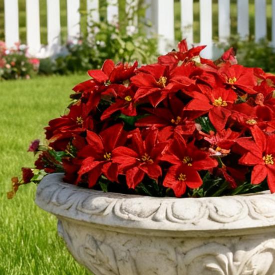 Artificial Poinsettia Bouquet with Green Leaves 4 Fork UV Resistant Fake Silk Flower Home Table Centerpiece Indoor Outdoor Faux Bloom Decoration