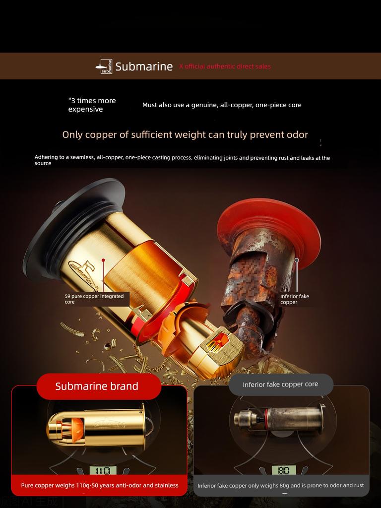 Submarine Magnetic Levitation Anti-Odor Drain Core, Anti-Backflow Odor Barrier, Bathroom Sewer Universal Copper Inner Core