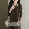 Shirt for Women Oversize Cotton Loose Blouse Fake Two Pieces Casual Long Sleeve Pullover Turn Down Collar Shirt Top