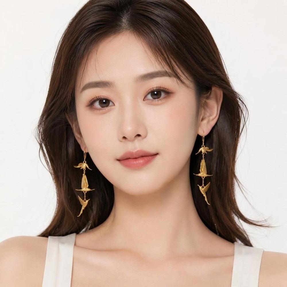 Alloy Six-Feathered Lark Earrings Chinese Style Gold Bird Earrrings Party Jewelry Accessory Gift
