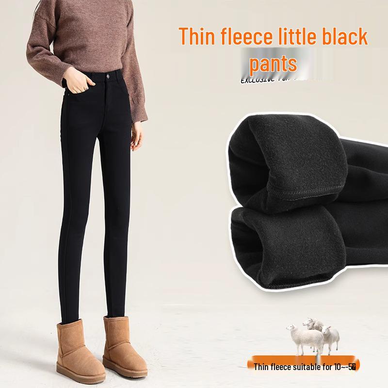 Женские зимние черные леггинсы на флисовой подкладке - Толстый хлопок из овечьей шерсти, Облегающий крой, Стиль осень/зима 2025