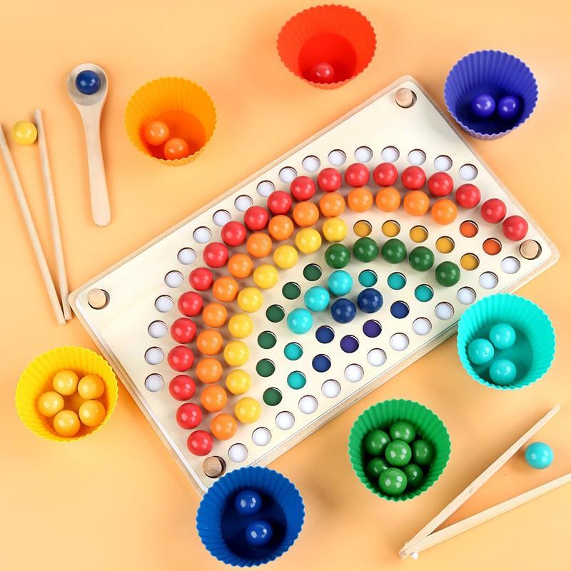 Children's rainbow building block bead puzzle game early education hand-eye coordination training wooden clip ball puzzle parent-child toy