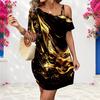 Women Plus Size One Shoulder Single Strap Short Sleeve Black Gold Printed Loose Dress