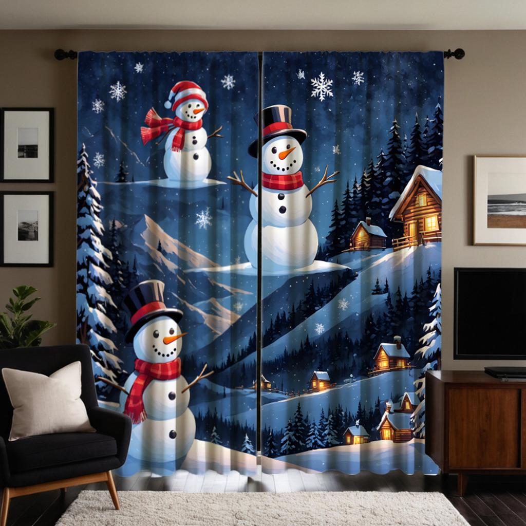 2 шт. HD Рождественская снежная горная сельская занавеска со снеговиком, белая занавеска с цифровой печатью, украшение для дома, стиль decorati