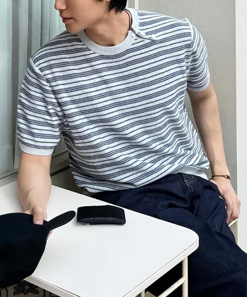 INTEMPOMOOD Half Wheat Button Stripe Knit_Gray