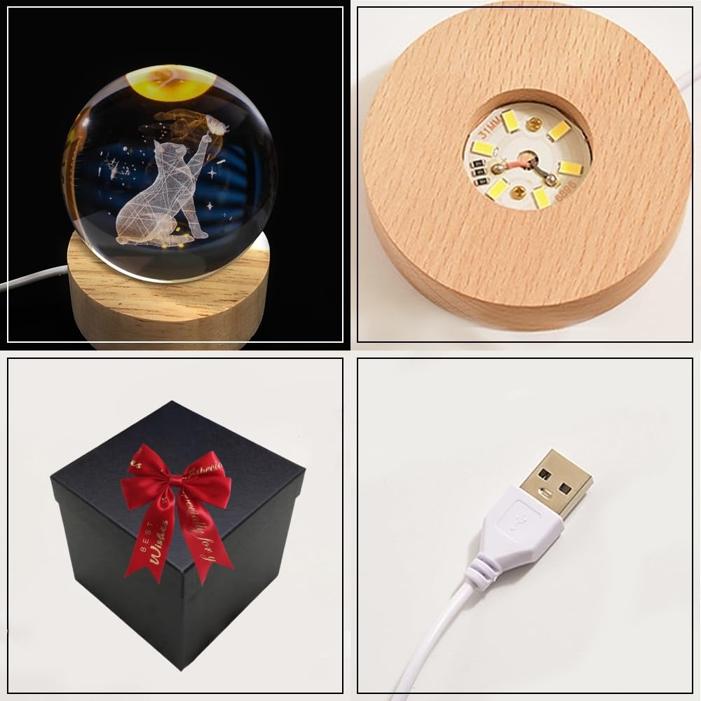 Interior Crystal Ball Night Light Cat Stylish Desk Light LED Present Decoration Full of Atmosphere Stand Light Tabletop Light Unique Birthday Present