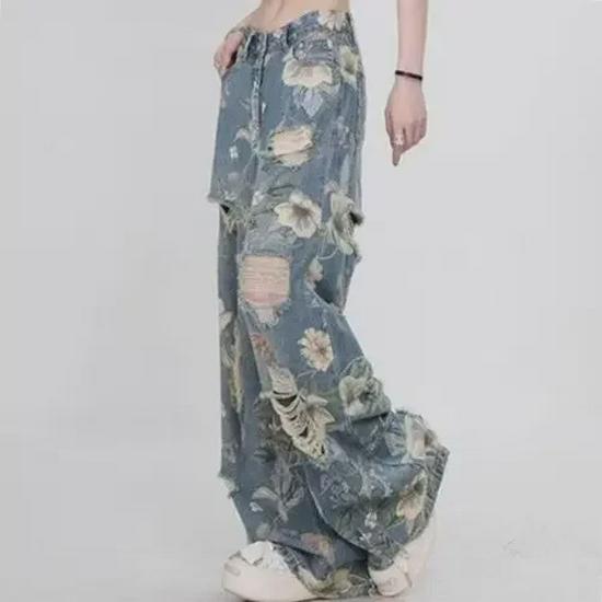 Женские рваные джинсы с высокой талией и цветочным принтом - лето 2024 г., ретро-стиль, тонкие, прямые, широкие, длина до пола.