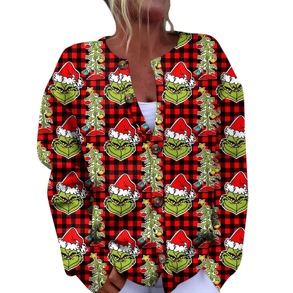 Женская мода рождественский принт длинный рукав вязаный кардиган пуховик