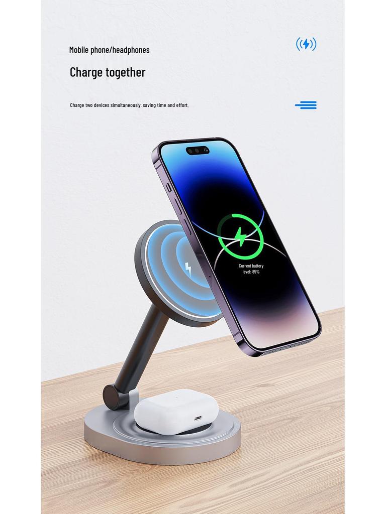 Регулируемая складная магнитная беспроводная зарядка 3-в-1 для iPhone, Apple Watch и наушников.