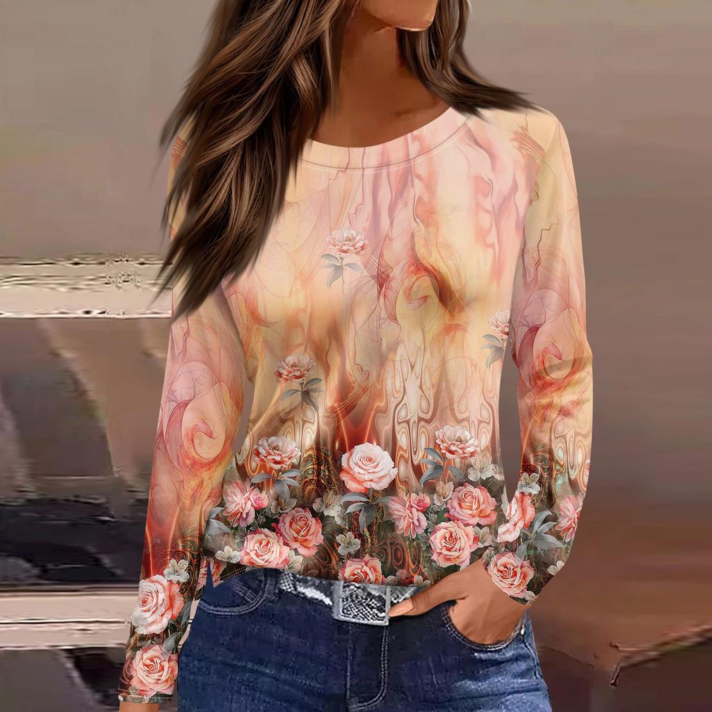 Women's Fashion Casual Slit Hem Round Neck Long Sleeve Loose  Printed T-Shirt Ladies Top