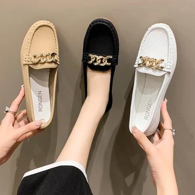 Весна Осень Новые Туфли Bean Женские Круглые Носки Низкий Каблук Металлическая Цепочка Повседневная Обувь Для Мам LadiesLoafer