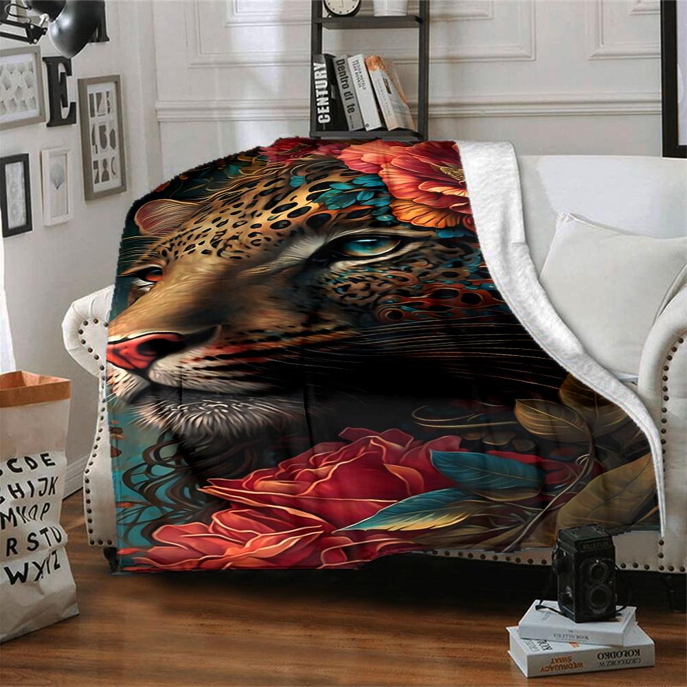 1pc Leopard Floral Print Blanket Lightweight Blanket Throw Blanket For Sofa, Bed, Travel, Camping, Livingroom, Office, Couch, Chair yy251010065