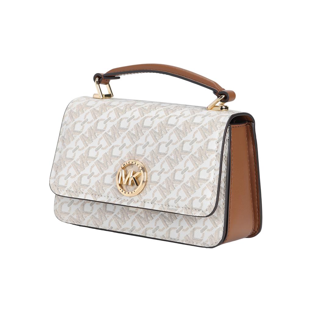 Michael Kors MK Delancey Сумка через плечо на ремне с принтом логотипа и замком, холст и кожа, маленькая женская сумка, бежевая 32T4GD8C5B099