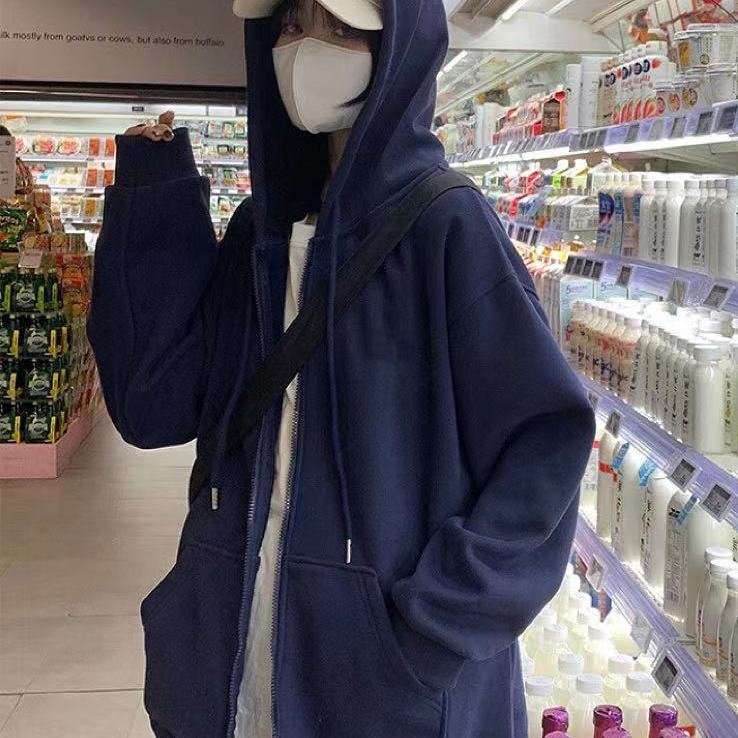 Harajuku, корейская версия, толстовки, осенние однотонные толстовки на молнии, большие толстовки с карманами и длинными рукавами, пальто с капюшоном, куртка