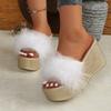 Женские сандалии Пушистая толстая подошва Летние туфли на танкетке Женские уличные сандалии из искусственного меха Меховые сандалии Роскошные меховые сандалии на платформе