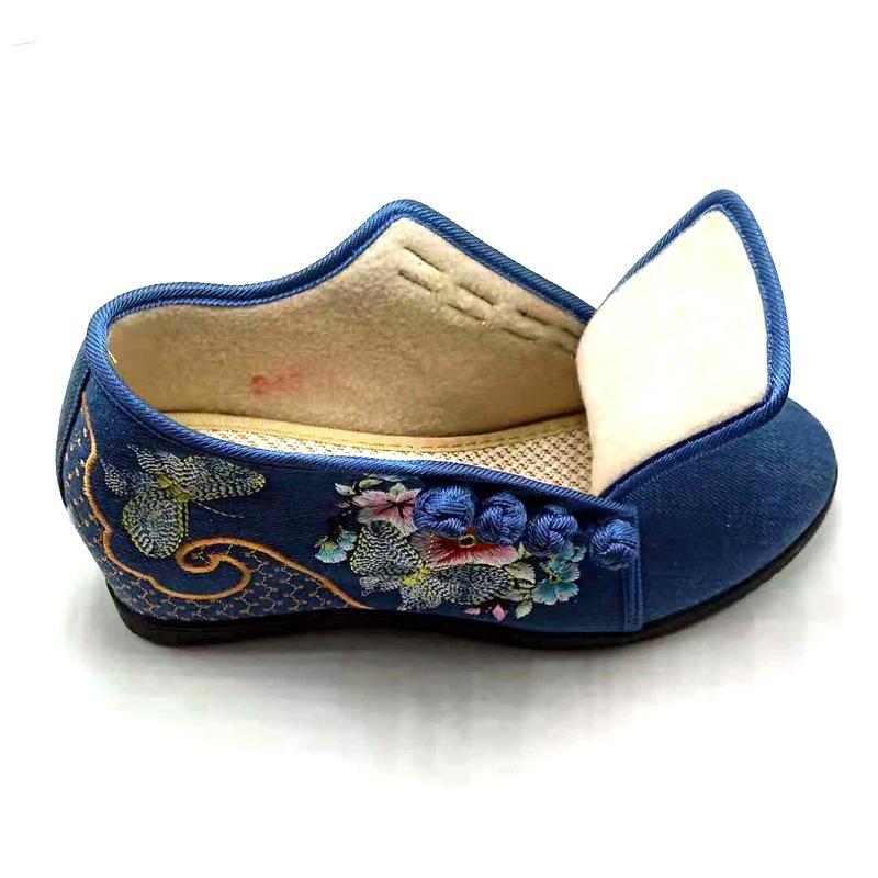 New Thickened Velvet Cotton Dream Butterfly Fluttering, Ethnic Style Double Buckle Canvas Wedge Heel 7cm Women's Shoes Bridal High Heels