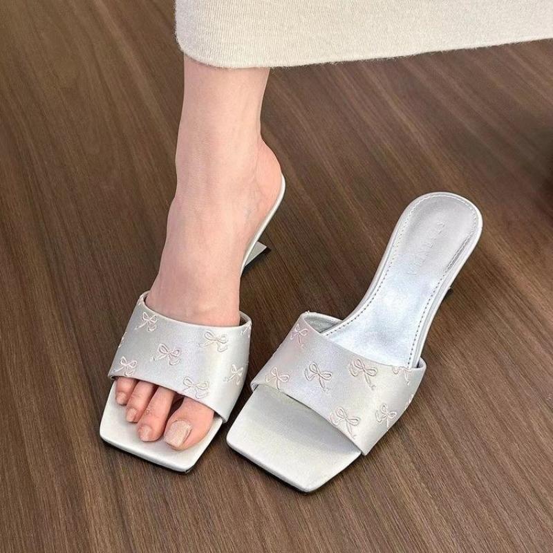 2024 New Summer Fashion Silk Print Sandals Mujer Retro Women's Shoes Casual Slippers Shaped Heel Elegant Bow High Heel Sandals