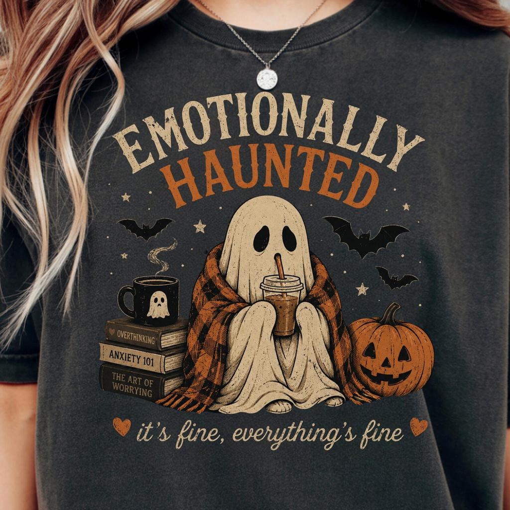 Emotionally Haunted Ghost Shirt, Cozy Halloween Coffee Tee, Vintage Fall Graphic
