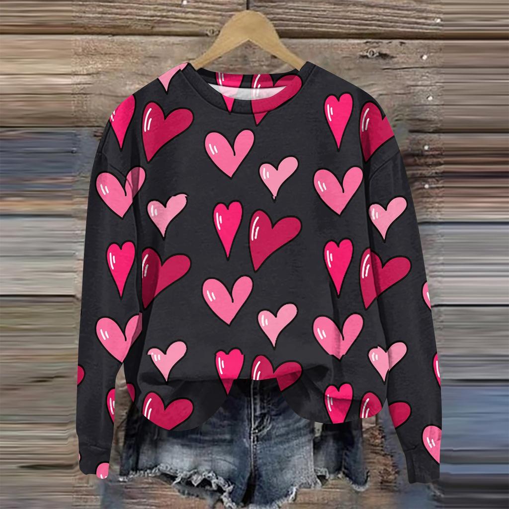 Женская мода День святого Валентина Печатный длинный рукав свободный круглый вырез толстовка Топ осень