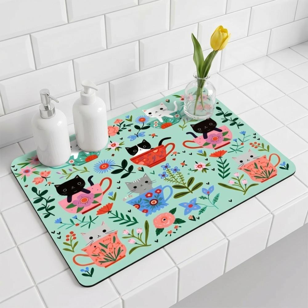 Sweet Kitchen Mat Cat Floral Dish Drying Mat Household Coffee Machine Mat Coffee Bar
