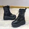 Новый продукт Карманные Мотоциклетные Ботинки Женские Туфли На Платформе Шнуровка Толстая Подошва Черные Туфли Женские Полуботинки Mujer