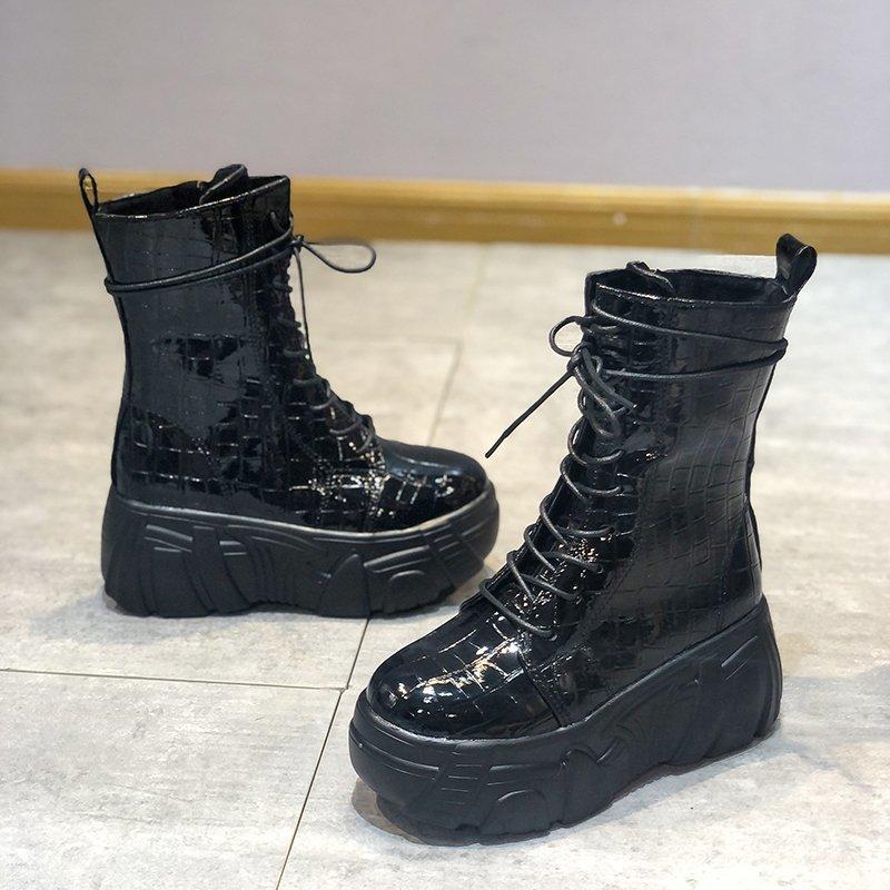 Новый продукт Карманные Мотоциклетные Ботинки Женские Туфли На Платформе Шнуровка Толстая Подошва Черные Туфли Женские Полуботинки Mujer