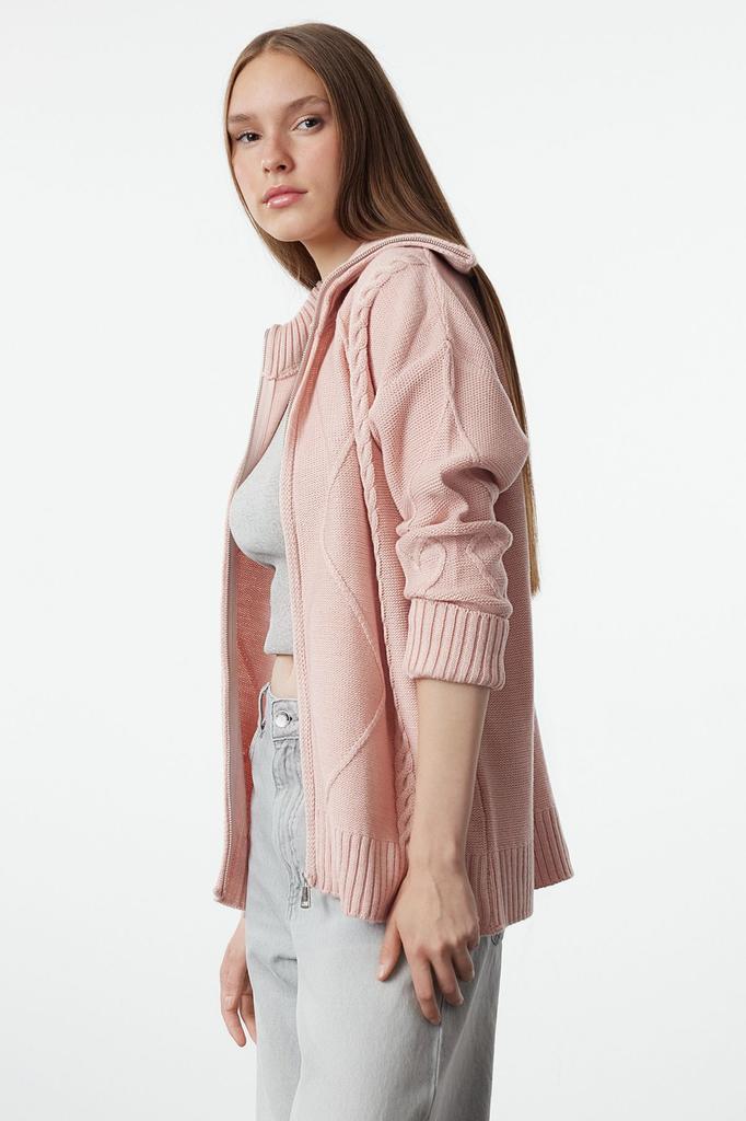 Женский элегантный кардиган розовый мягкий текстурированный трикотаж на молнии с капюшоном кардиган