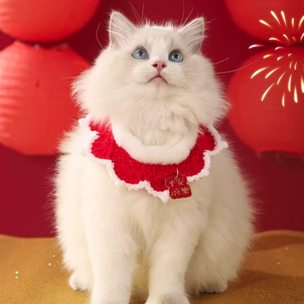 Chinese-style New Year Knitted Pet Collar Adjustable Length Pet Bib Festive Cat Tie  for Cats Puppy