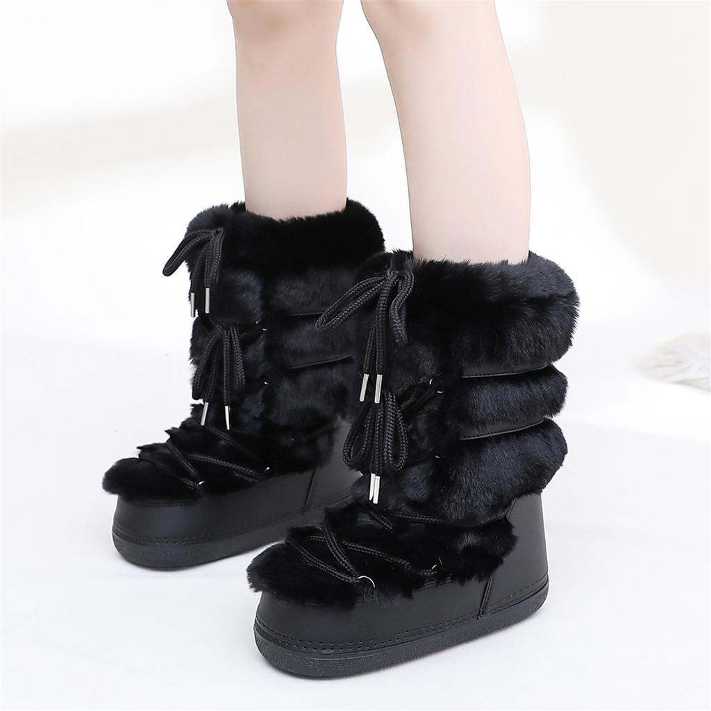 Пушистые меховые ботинки-дутики из искусственного кроличьего меха для женщин, зимние, женские, на шнуровке, водонепроницаемые, теплые, до середины икры, лыжные ботинки, милые ботинки в стиле y2k