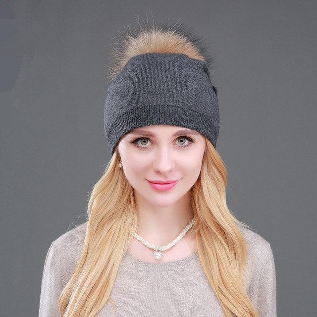 Женская осенне-зимняя меховая шапка с одним шариком из меха енота, теплая вязаная шерстяная шапка-пуловер