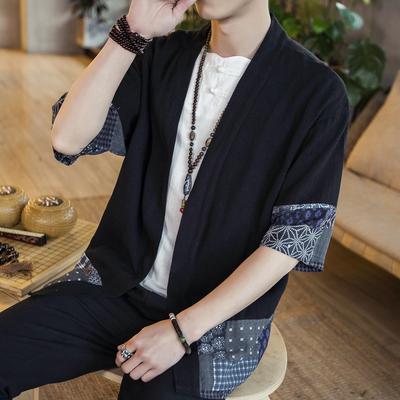 Мужской летний кардиган, свободная хлопково-льняная рубашка с рукавом семь четвертей, легкая куртка