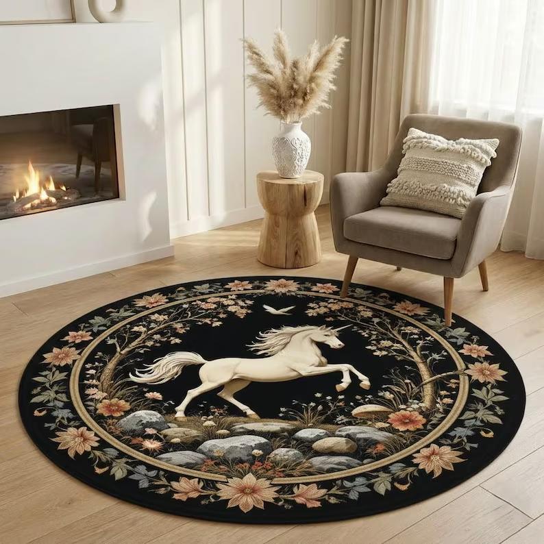 Horse Round Rug with Floral Mandala Boho Animal Carpet for Living Room Bedroom Kids Room Unique Art Floor Home Decor