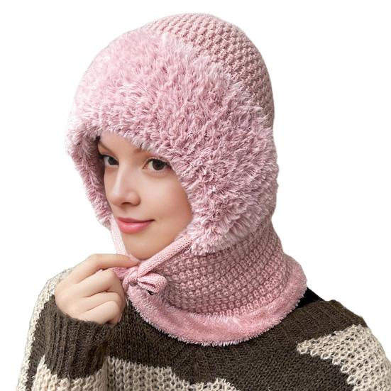 Вязаный головной убор однотонный 3-в-1 женская вязаная шапка шарф защита лица ветрозащитный для катания на лыжах походов на флисовой подкладке зимняя повязка на голову