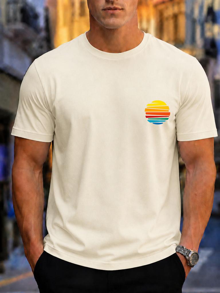 2026 New 100 Cotton Tshirt Small Chest Retro Rainbow Striped Sunset Circle Minimal Print Unisex Casual Tee Casual Short Slee