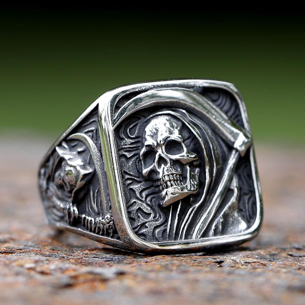 Vintage Mens 316L Stainless Steel Rings for Men Death Sickle Domineering Skull Ring Men's Hip-hop Punk Party Jewelry Gift
