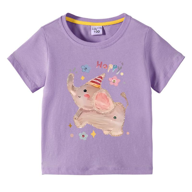 Girls TShirt Cute Elephant Print Short Sleeve Tee 100 Cotton Soft Breathable Summer Tops for Kids Children