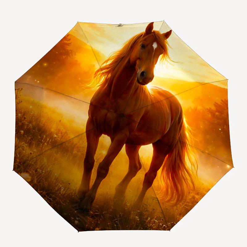 1pc Horse Sunset Automatic Folding Umbrella Portable Collapsible 8-Rib Umbrella for All Seasons, Casual Outdoor Accessory, B63