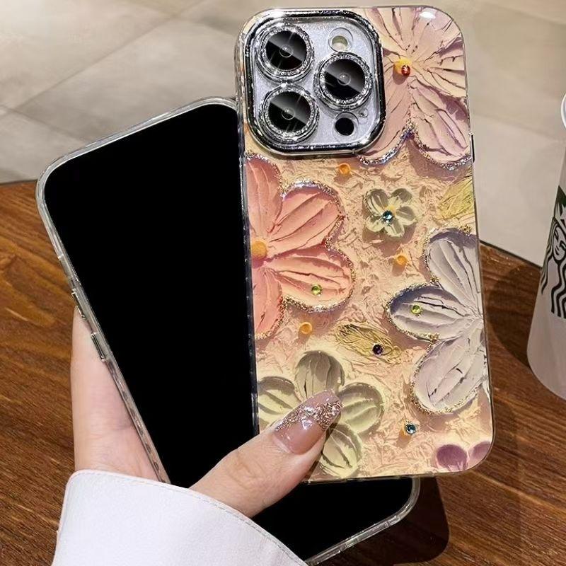 Ins масляная живопись цветок линза пленка подходит для iPhone16 Apple 13ProMax чехол для мобильного телефона импортная торговля продвинутый