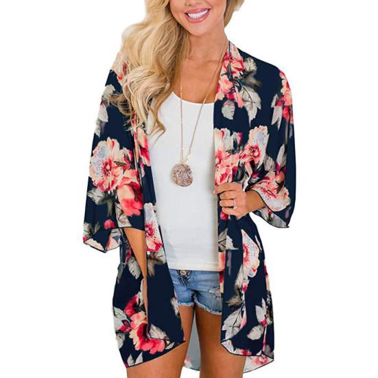 Women Floral Leopard Print Half Sleeve Shawl Cardigan Bikini Cover Up Blouse Top