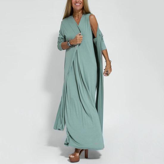 Женские повседневные свободные платья Элегантное офисное женское длинное платье Модное летнее платье без рукавов с осенним кардиганом с длинными рукавами