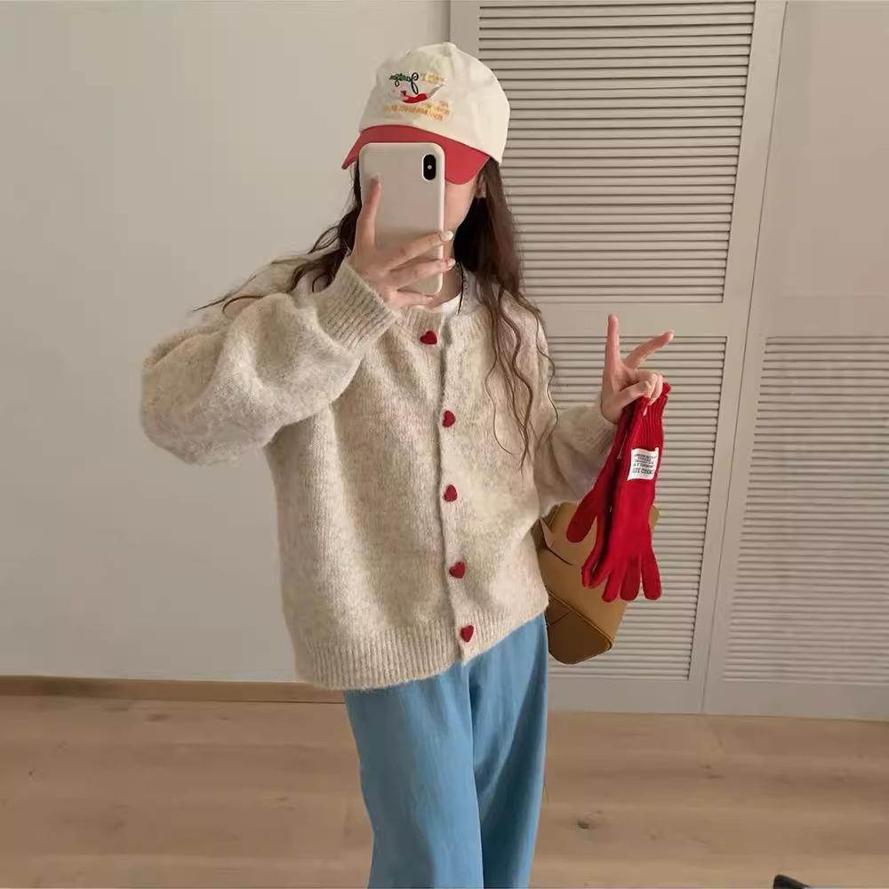 Женский осенне-зимний вязаный кардиган с круглым вырезом и пуговицей Love Button