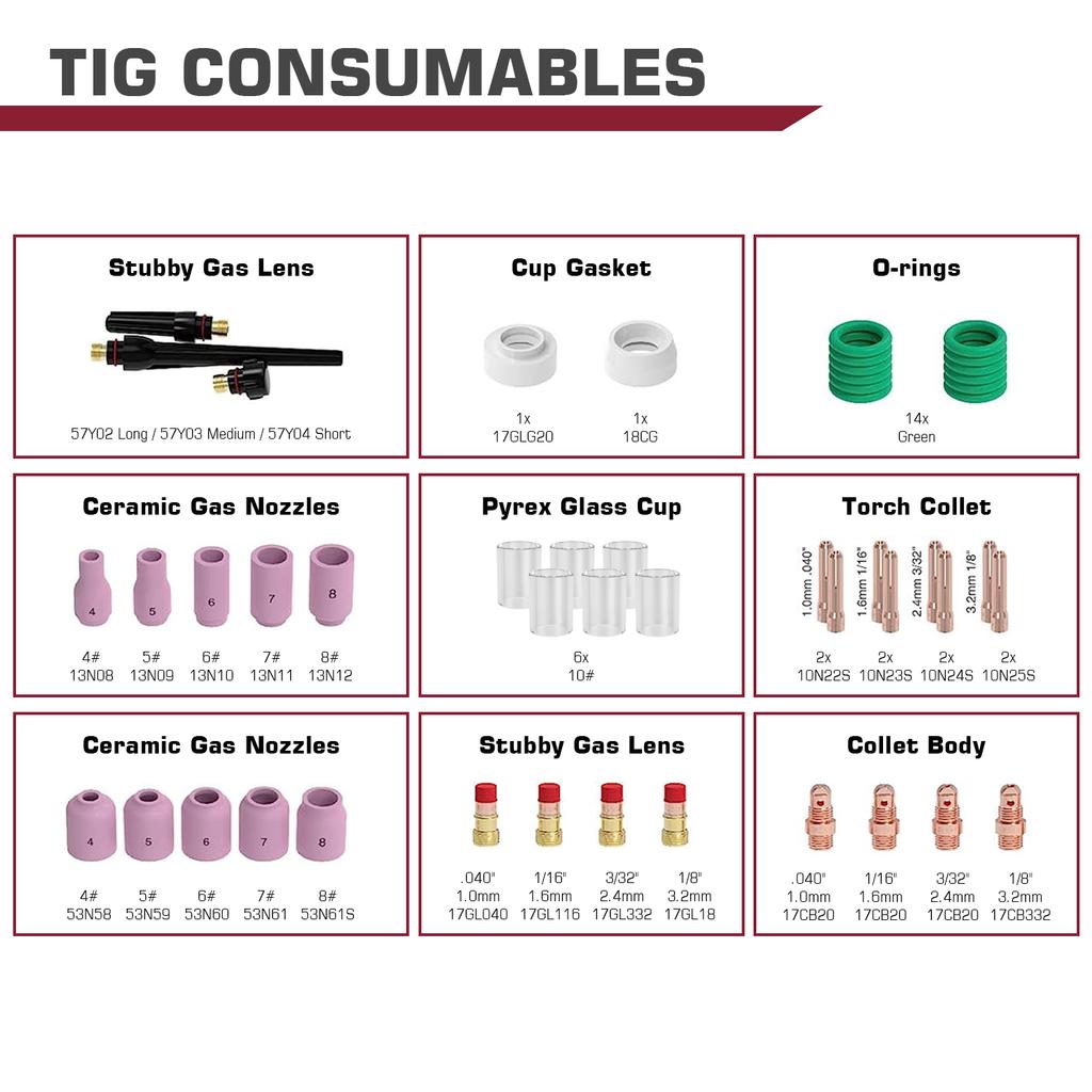 ARCCAPTAIN WP-17/18/26 TIG Welding Torch Accessories kit 49/71Pcs Nozzle Collets Body Stubby Gas Lens Glass Cup consumables Kit