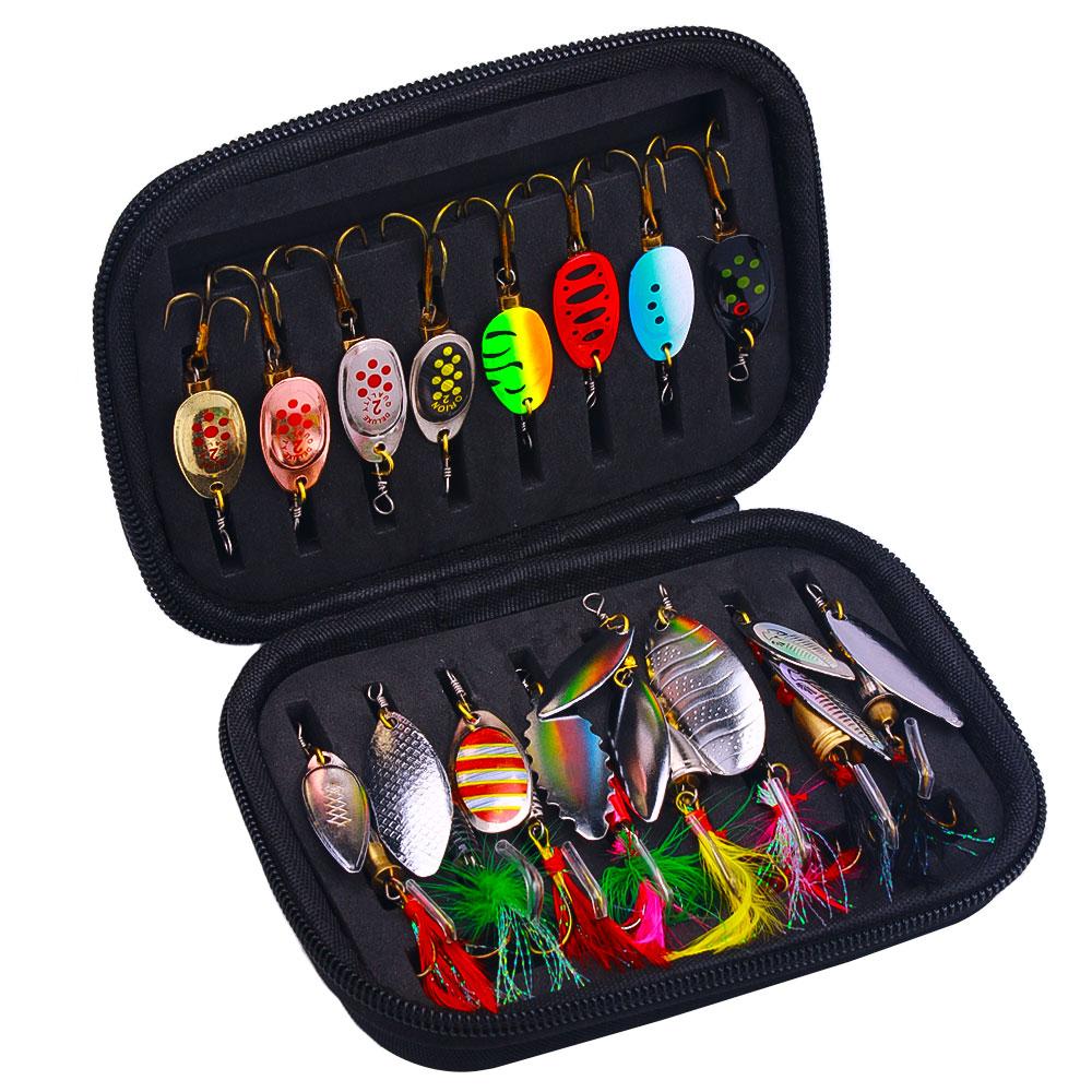 16PCS Rotate Spinnerbait Metal Spoon Spinner Fishing Lure Hard Bait With Feather Treble Hooks with Bag Spinnerbait Tackle