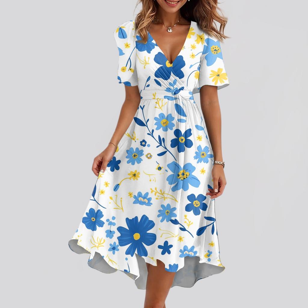 Женское свободное повседневное платье с V-образным вырезом, расклешенная юбка, короткие рукава, напечатанное платье с принтом