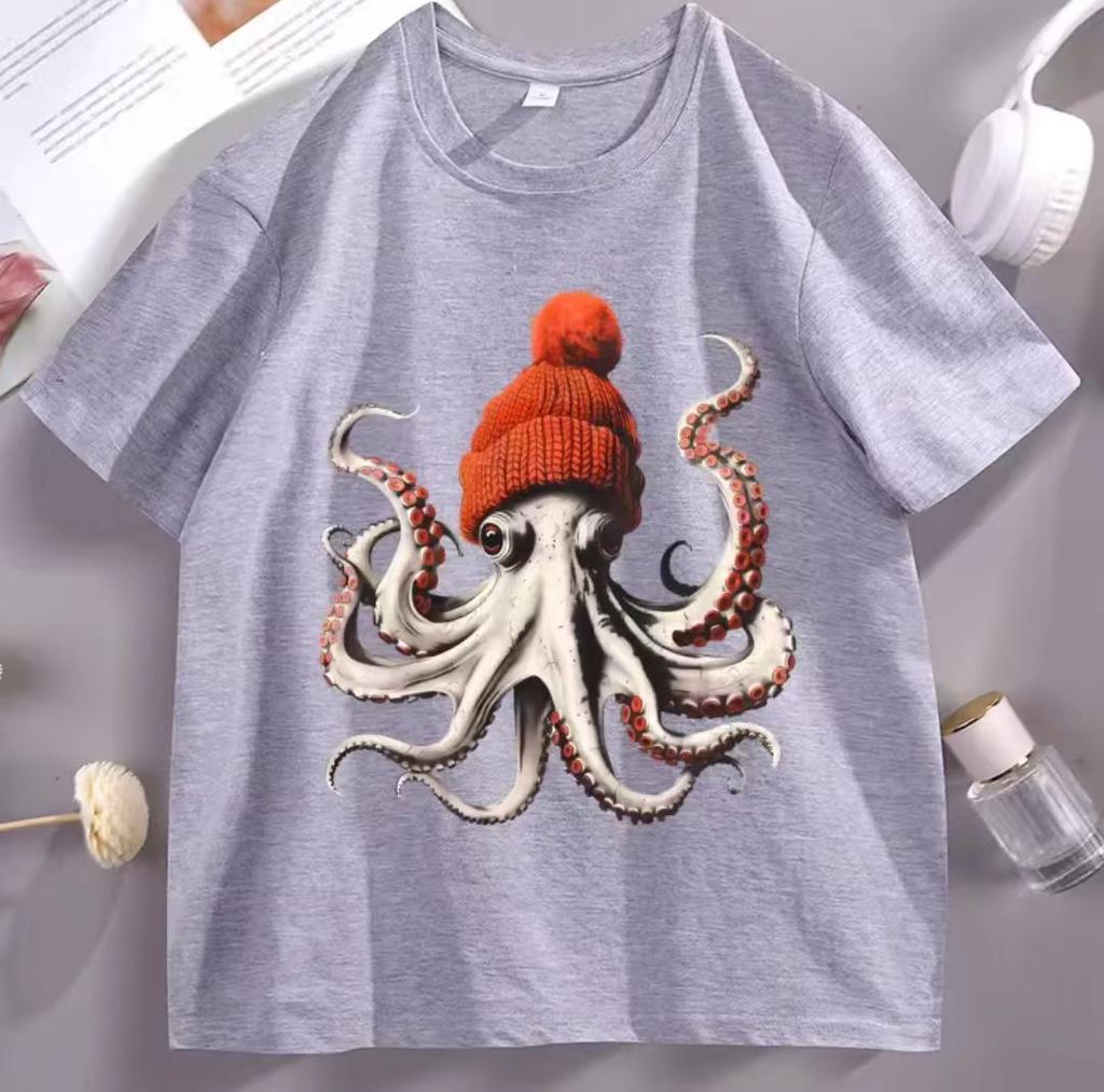 Funny Octopus Wearing Beanie Retro Print T-shirts Men Women's High Quality Fashion Clothing Short Sleeve 100% Cotton Unisex Tees