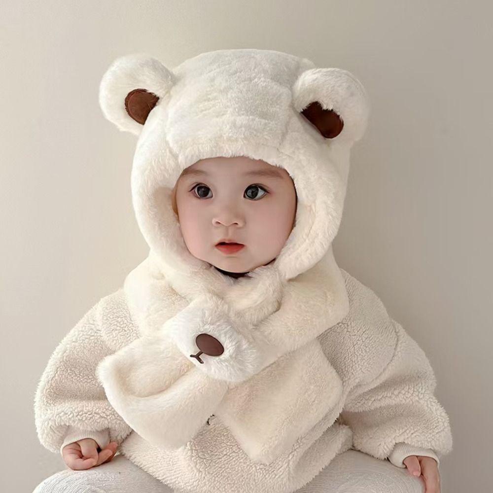 Solid Color Children Fleece Hat Fashion Design Plush Hat with Scarf Outdoor Bear Plush Hat Kid