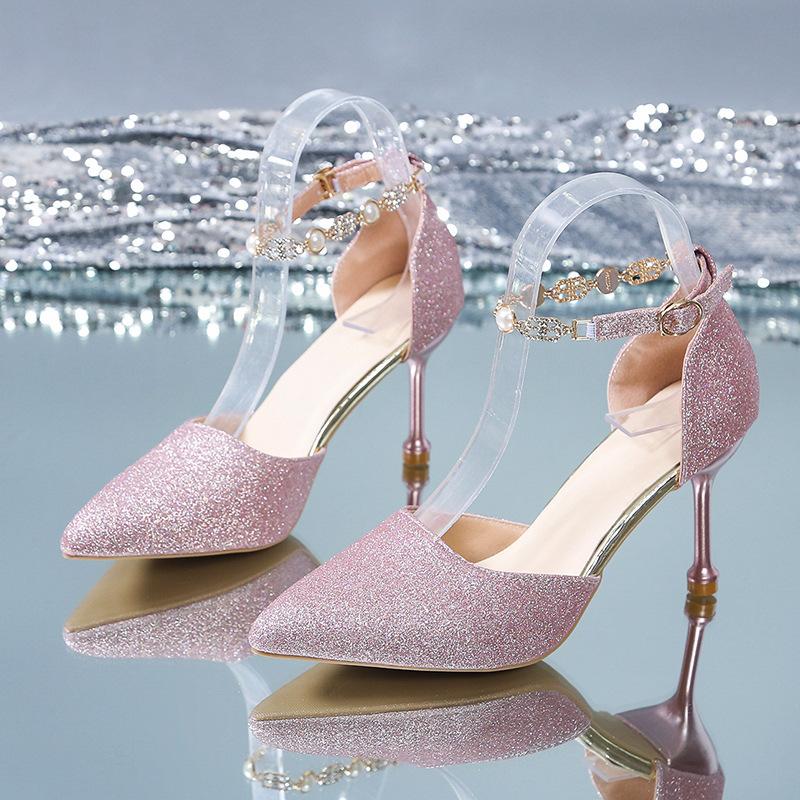 High heels women's summer 2024 new pointed head light mouth stiletto word with rhinestone silver bridal wedding shoes sandals