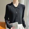 Весенне-осенний женский трикотаж с воротником-поло, однорядный, с двойной пуговицей, классический однотонный вязаный свитер с длинными рукавами