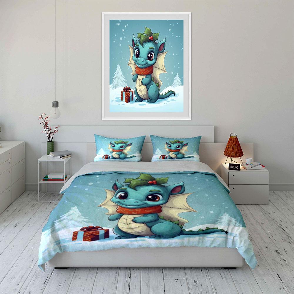 Cute Dragon with Gift Design Bedding Duvet Cover Set (1*Duvet Cover 2*Pillowcases, without duvet insert)