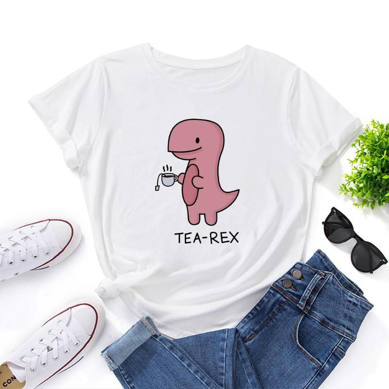 Summer Women's Pink Printed Dinosaur Pure Cotton Loose Round Neck Short Sleeved T-Shirts Women’s